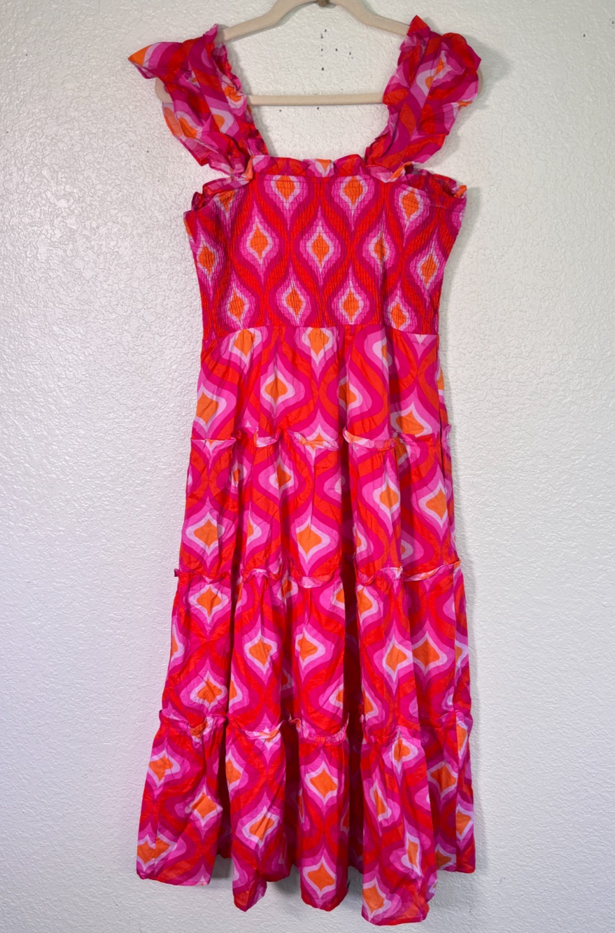J Marie Dress Womens Medium Maxi Smocked Ruffle Sundress Cotton Boho Pink NEW